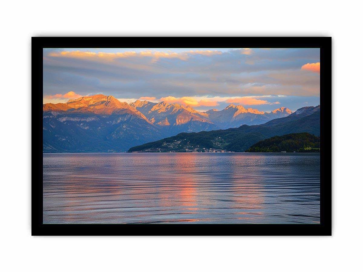 Mountain lake photography artwork for serene living room decor.
