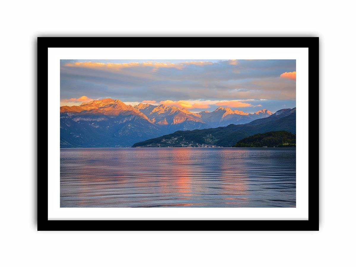 Mountain lake photography artwork for serene living room decor.