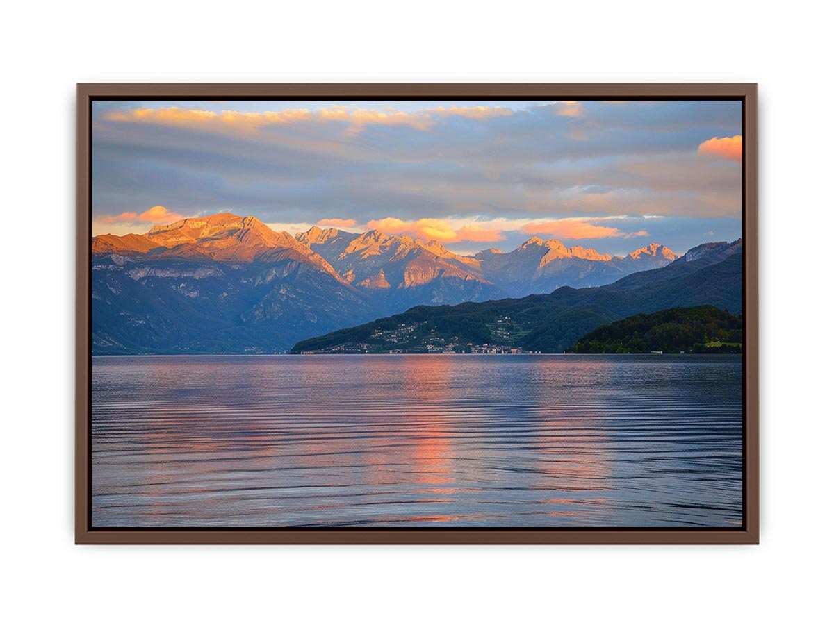 Mountain lake photography artwork for serene living room decor.