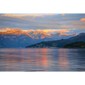 Mountain lake photography artwork for serene living room decor.