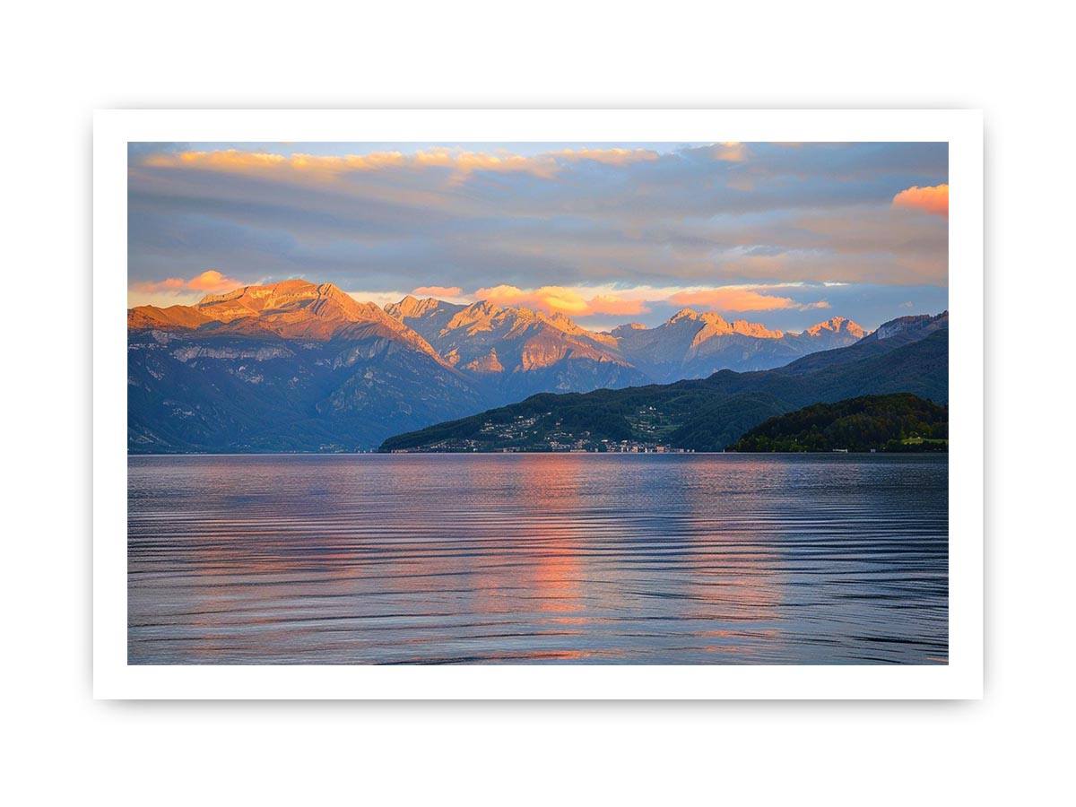 Mountain lake photography artwork for serene living room decor.