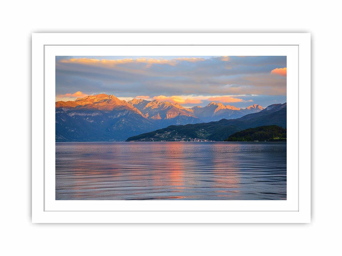 Mountain lake photography artwork for serene living room decor.
