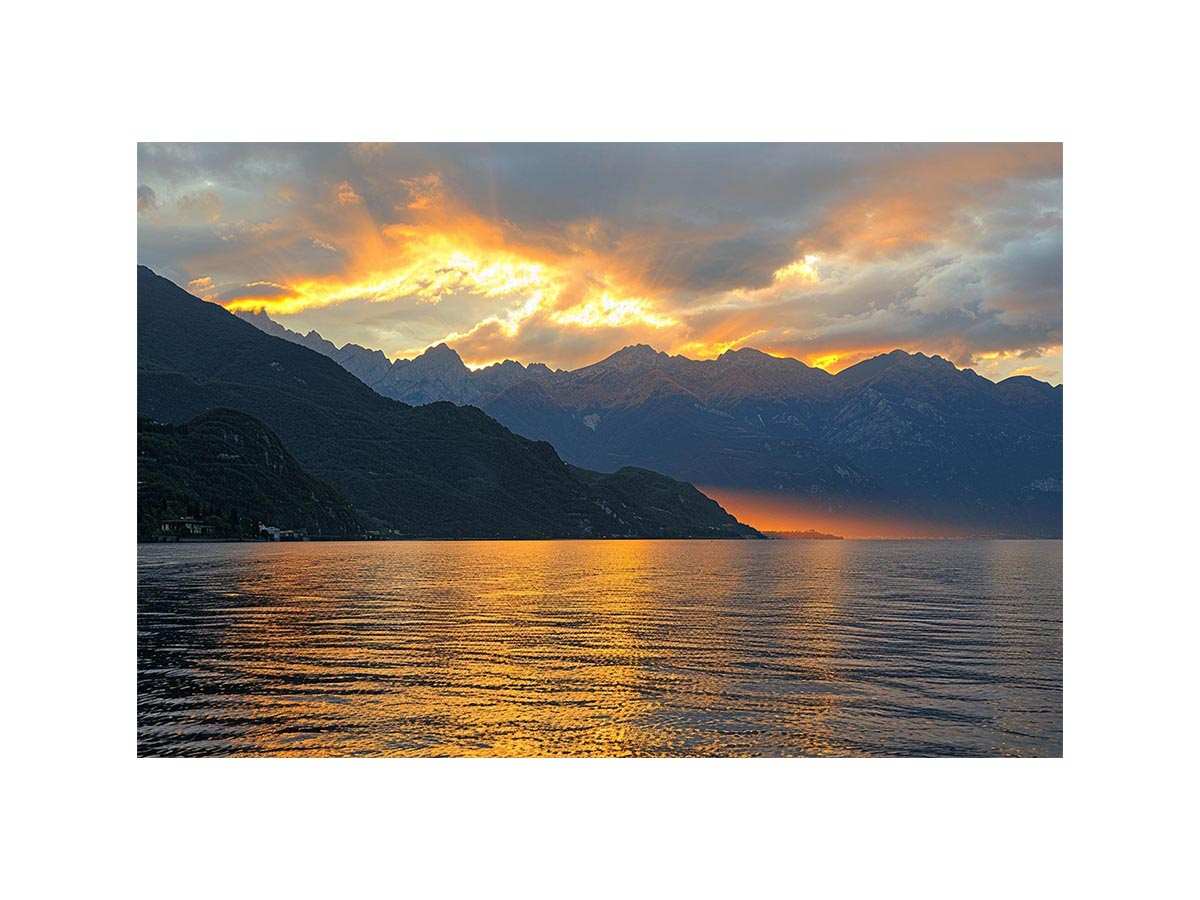 Sunset mountain lake photography for luxury wall decor.