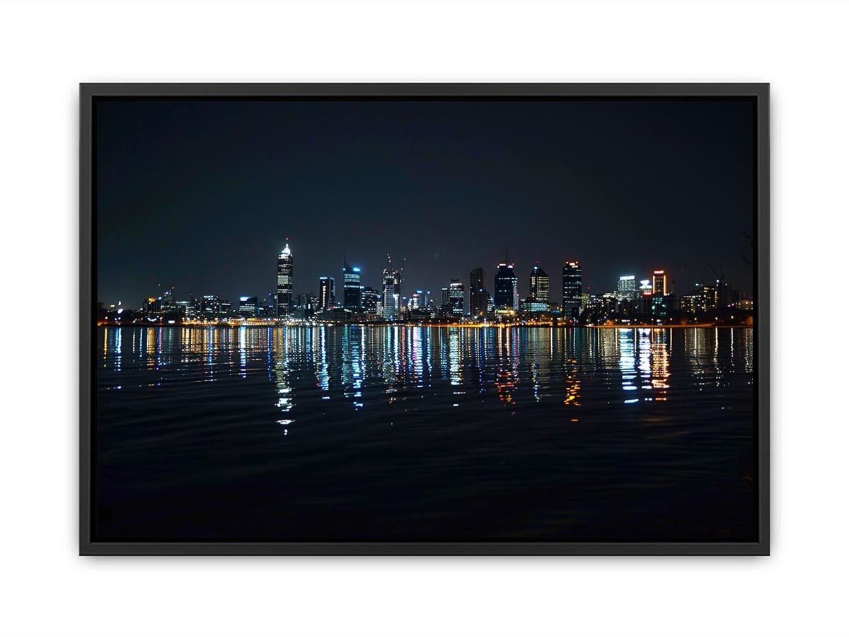 Night city skyline artwork with reflections