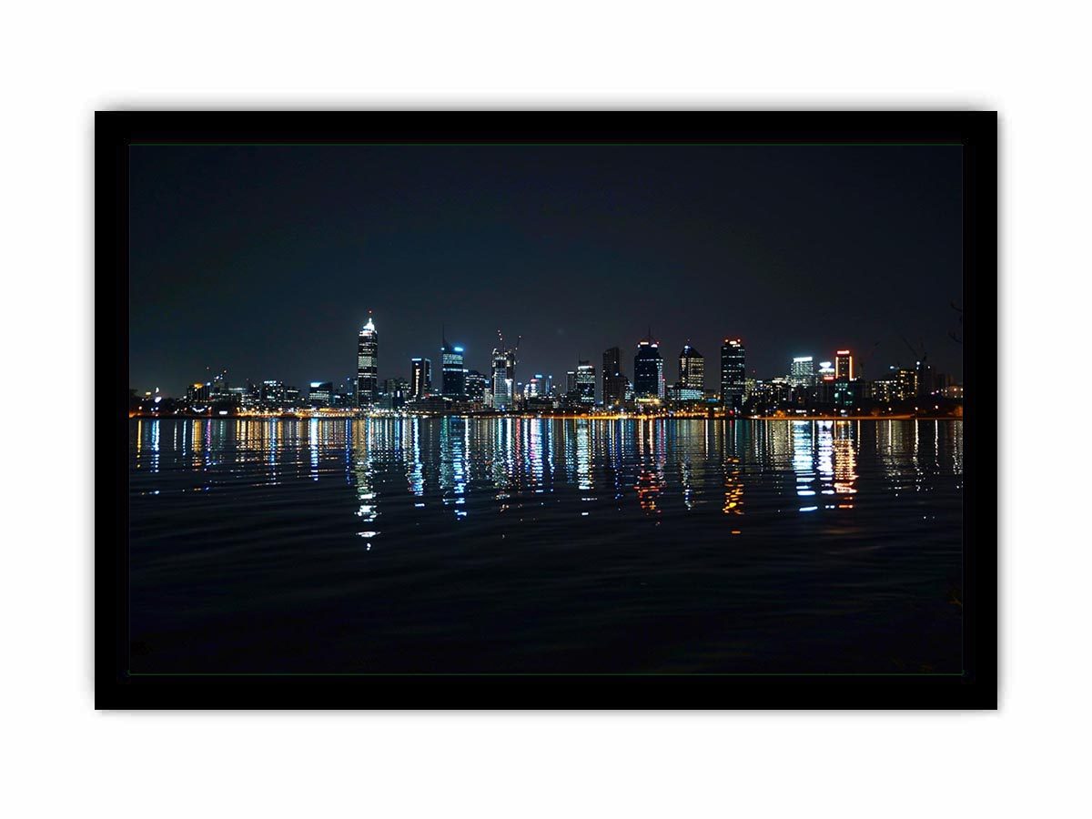 Night city skyline artwork with reflections