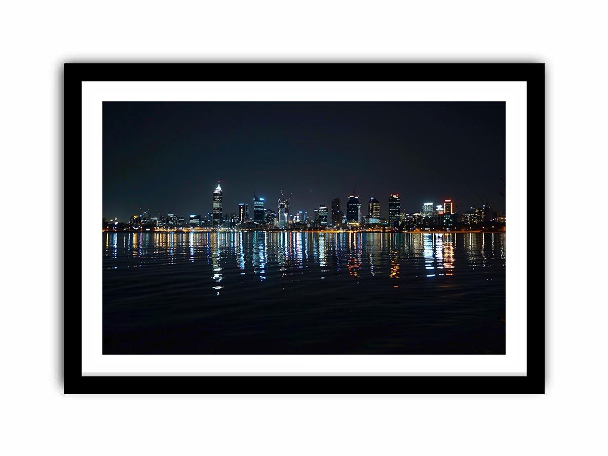 Night city skyline artwork with reflections