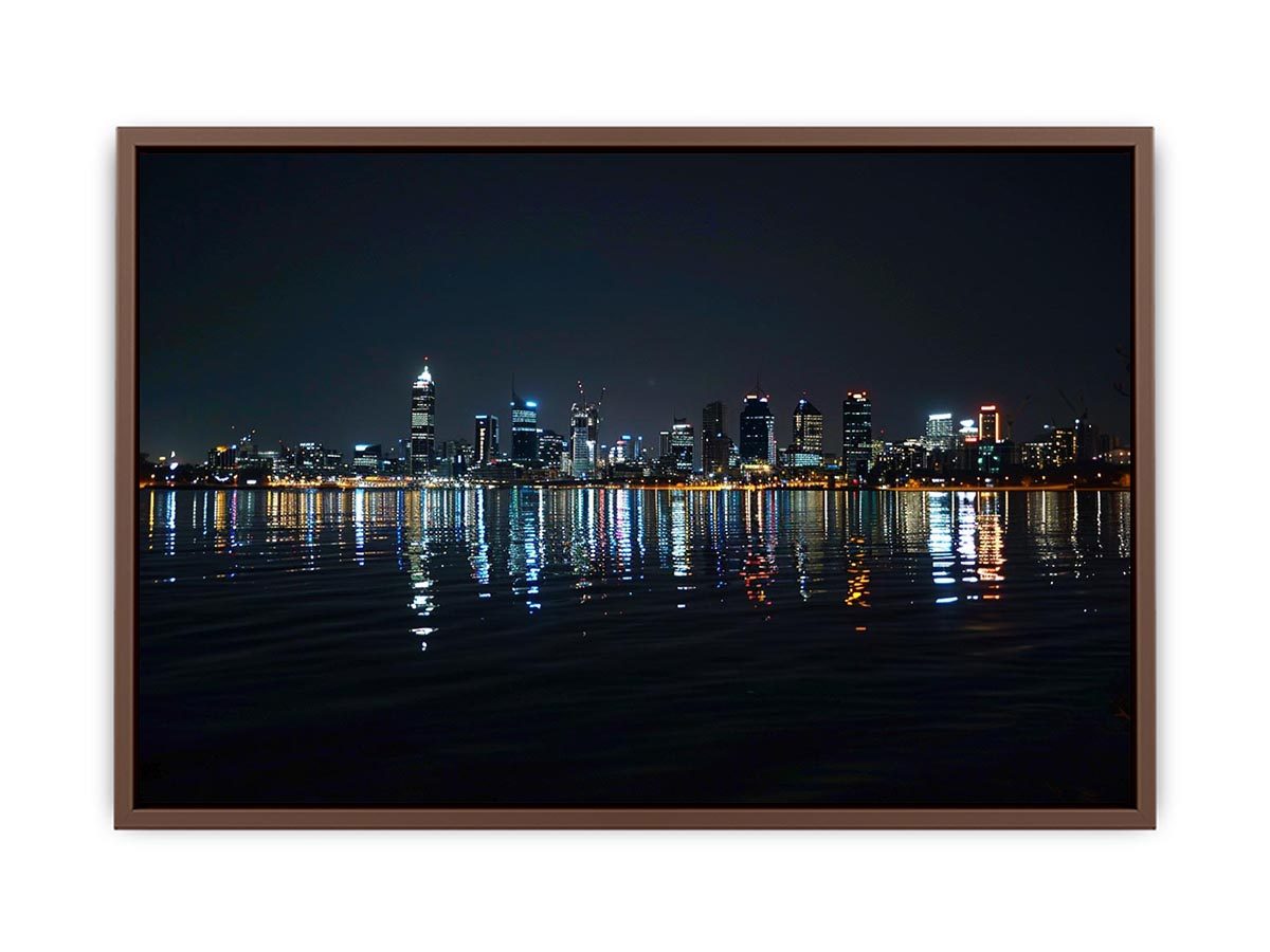 Night city skyline artwork with reflections
