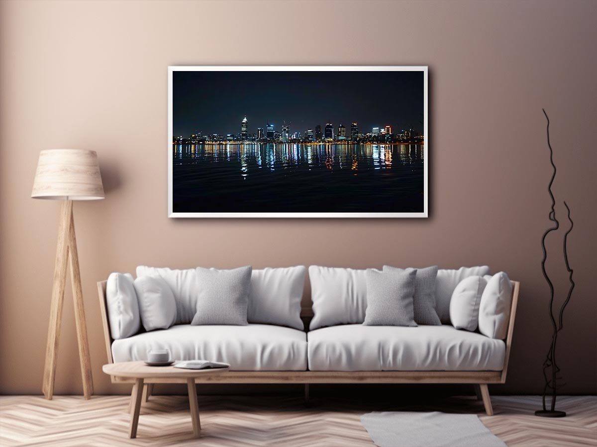 Night city skyline artwork with reflections