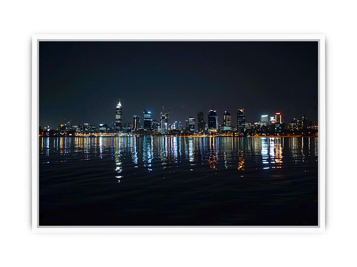 Night city skyline artwork with reflections