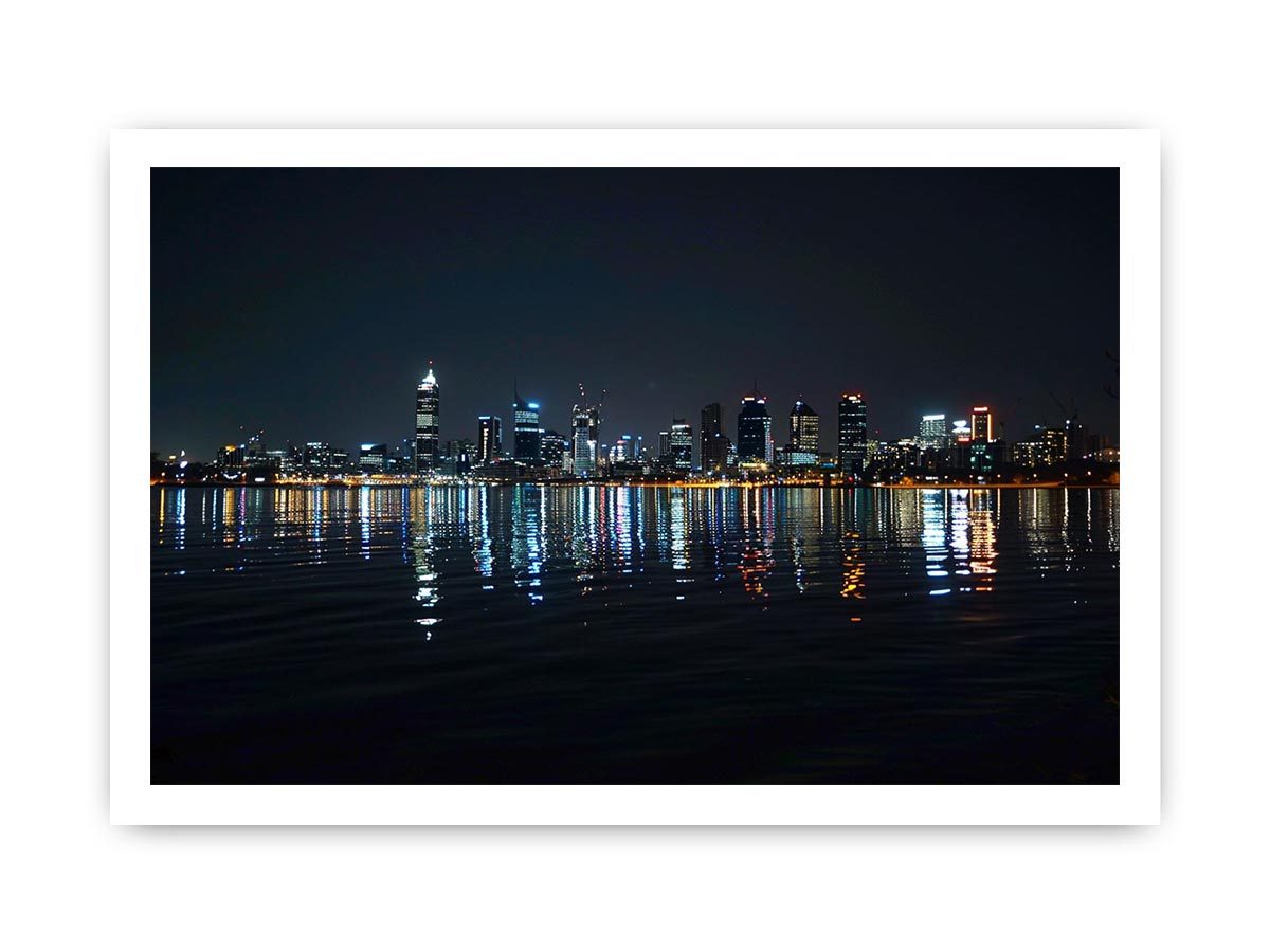 Night city skyline artwork with reflections