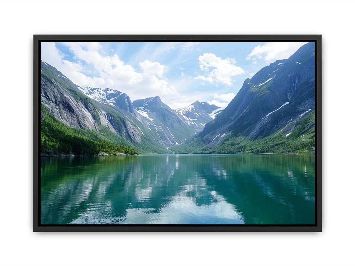 Mountain fjord landscape with reflective lake