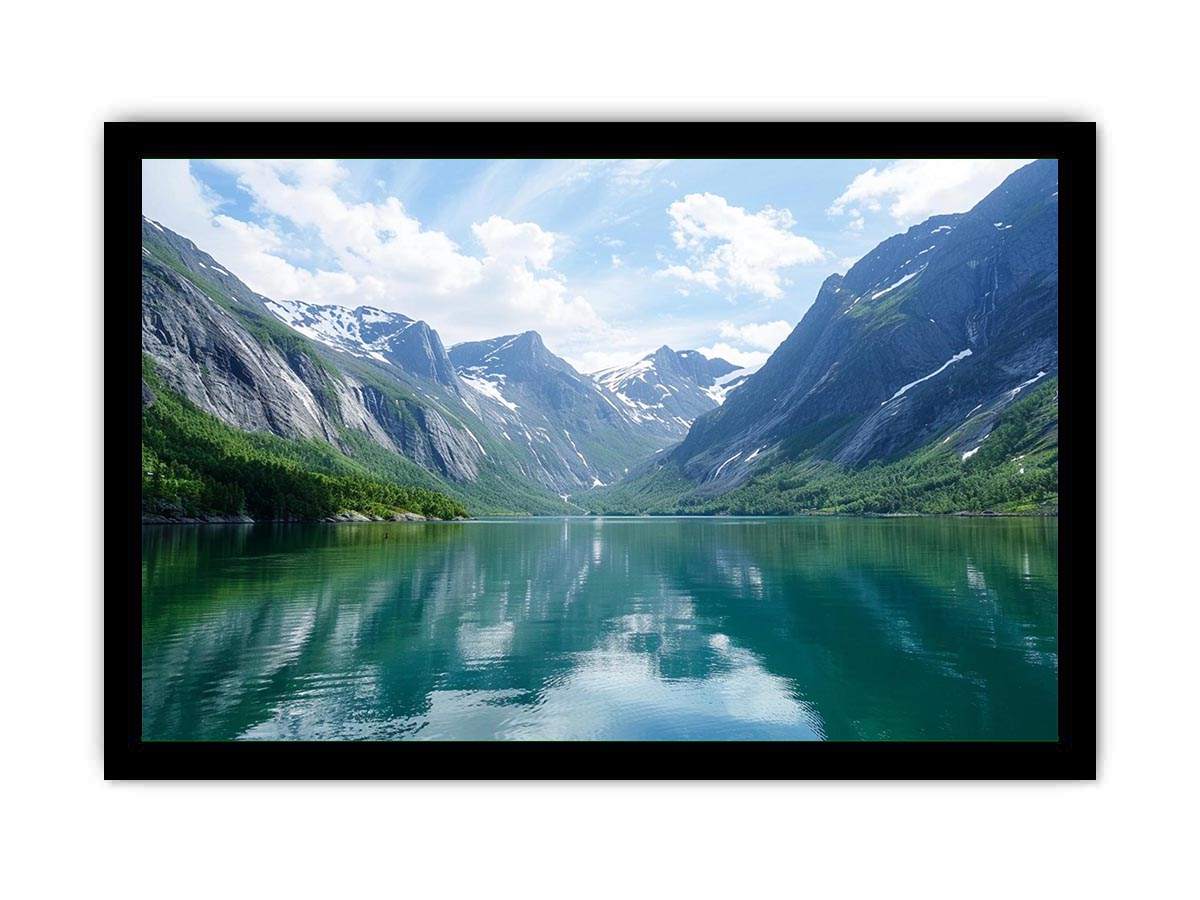 Mountain fjord landscape with reflective lake