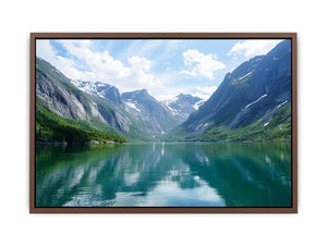 Mountain fjord landscape with reflective lake