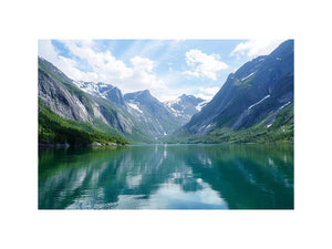 Mountain fjord landscape with reflective lake