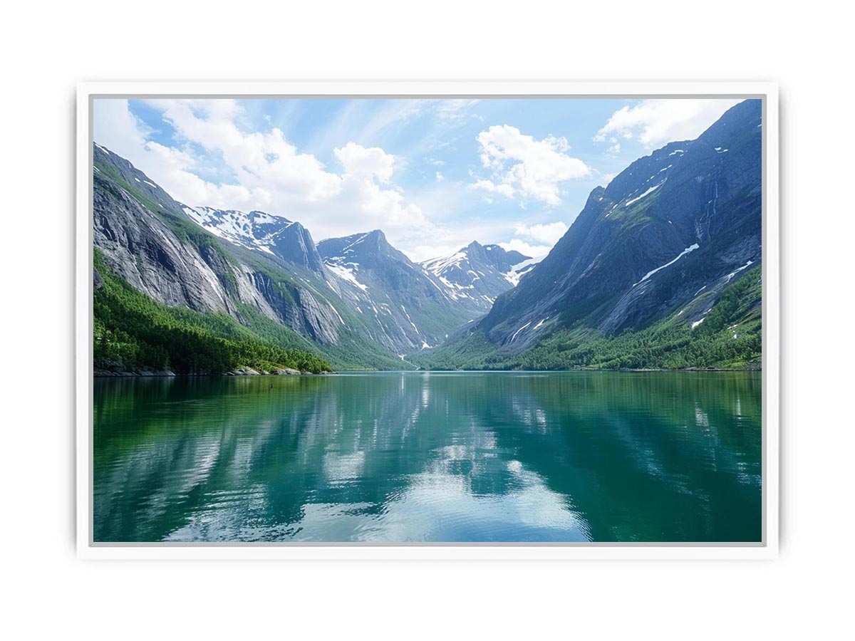 Mountain fjord landscape with reflective lake