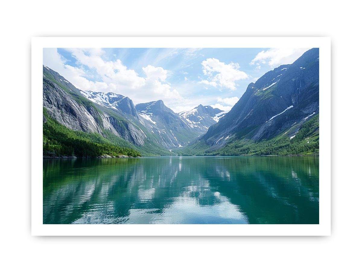Mountain fjord landscape with reflective lake