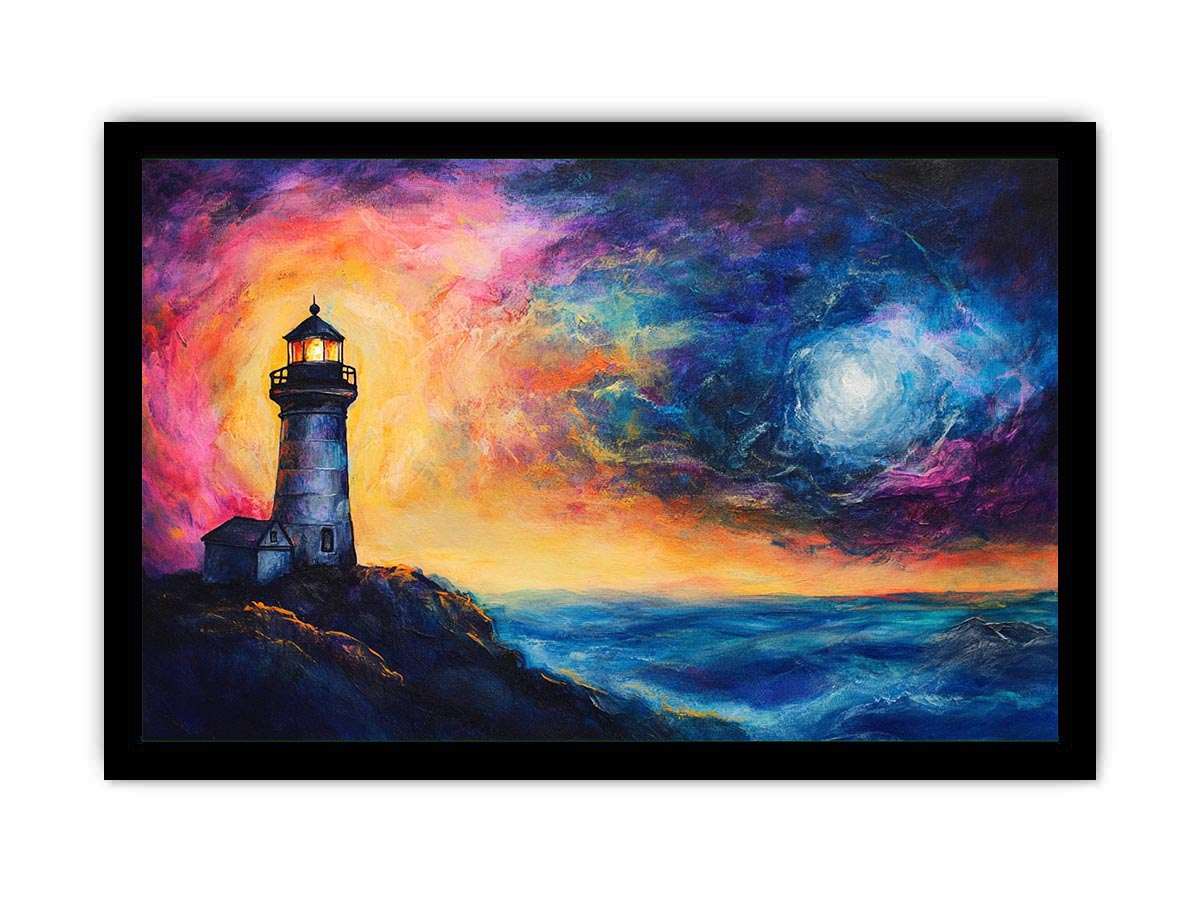 Coastal lighthouse Canvas Print with moonlit ocean and dramatic sunset sky
