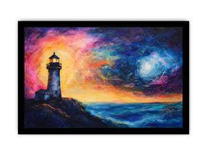 Coastal lighthouse Canvas Print with moonlit ocean and dramatic sunset sky