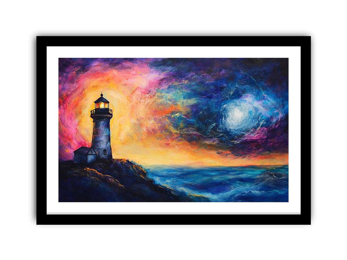Coastal lighthouse Canvas Print with moonlit ocean and dramatic sunset sky