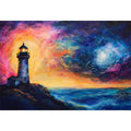 Coastal lighthouse Canvas Print with moonlit ocean and dramatic sunset sky