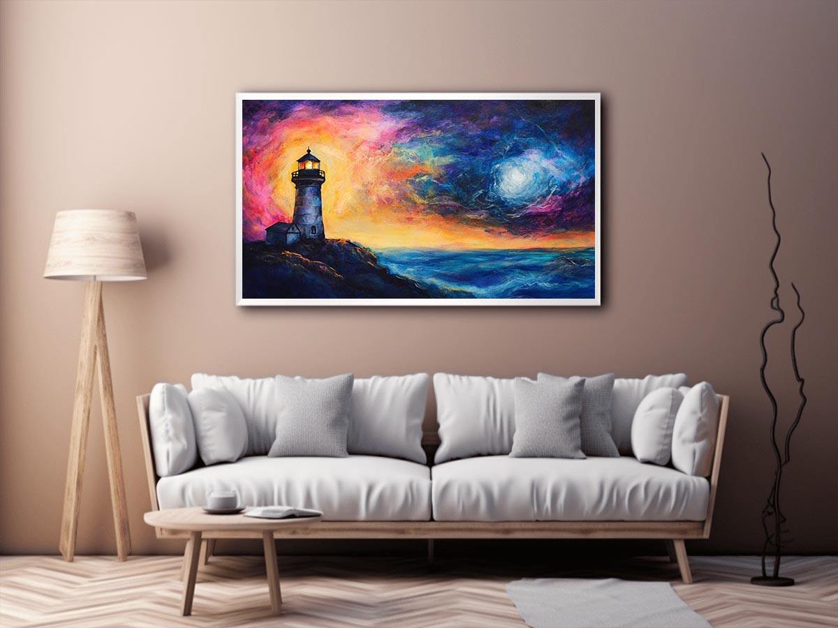 Coastal lighthouse Canvas Print with moonlit ocean and dramatic sunset sky