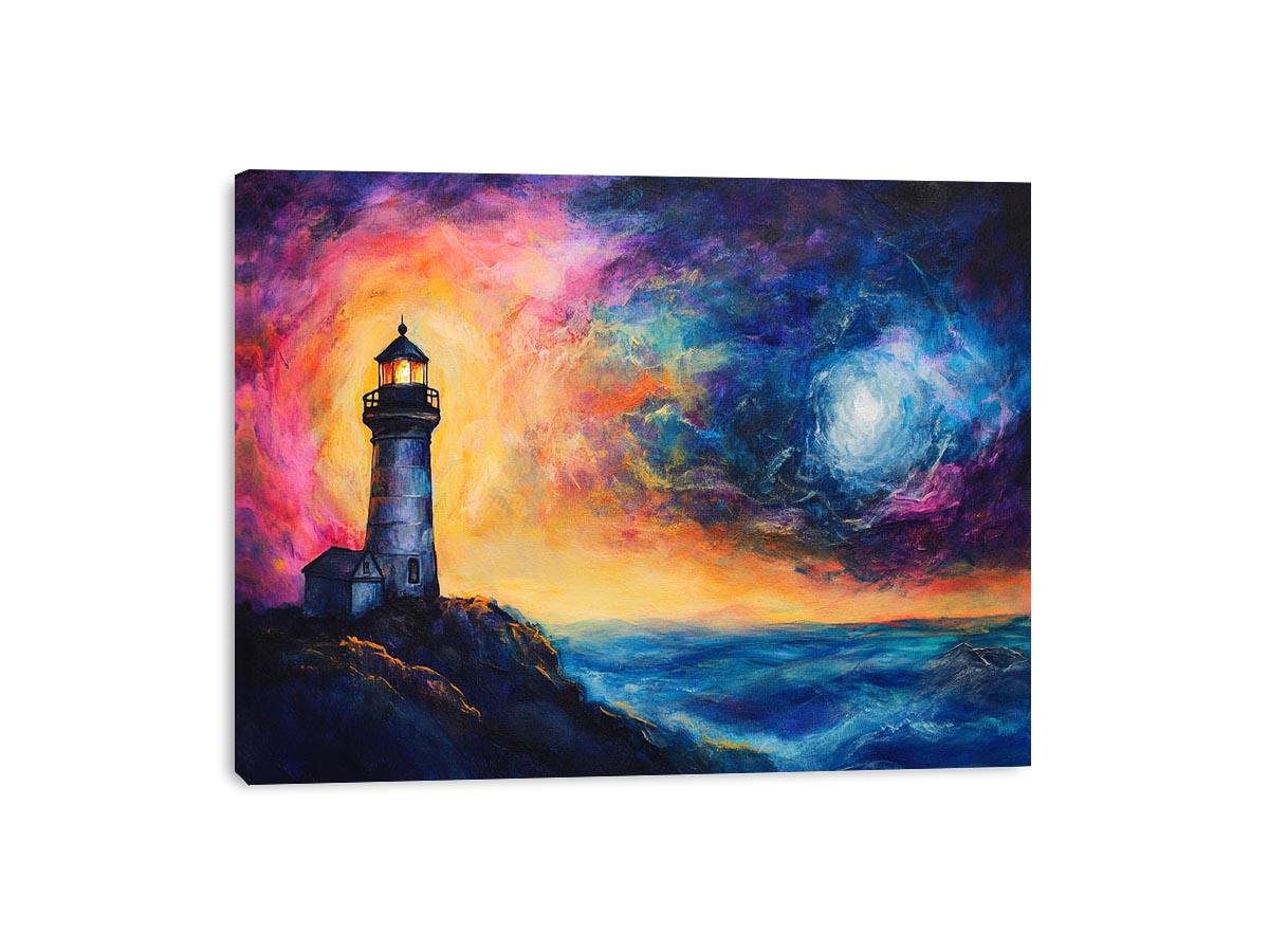 Coastal lighthouse Canvas Print with moonlit ocean and dramatic sunset sky