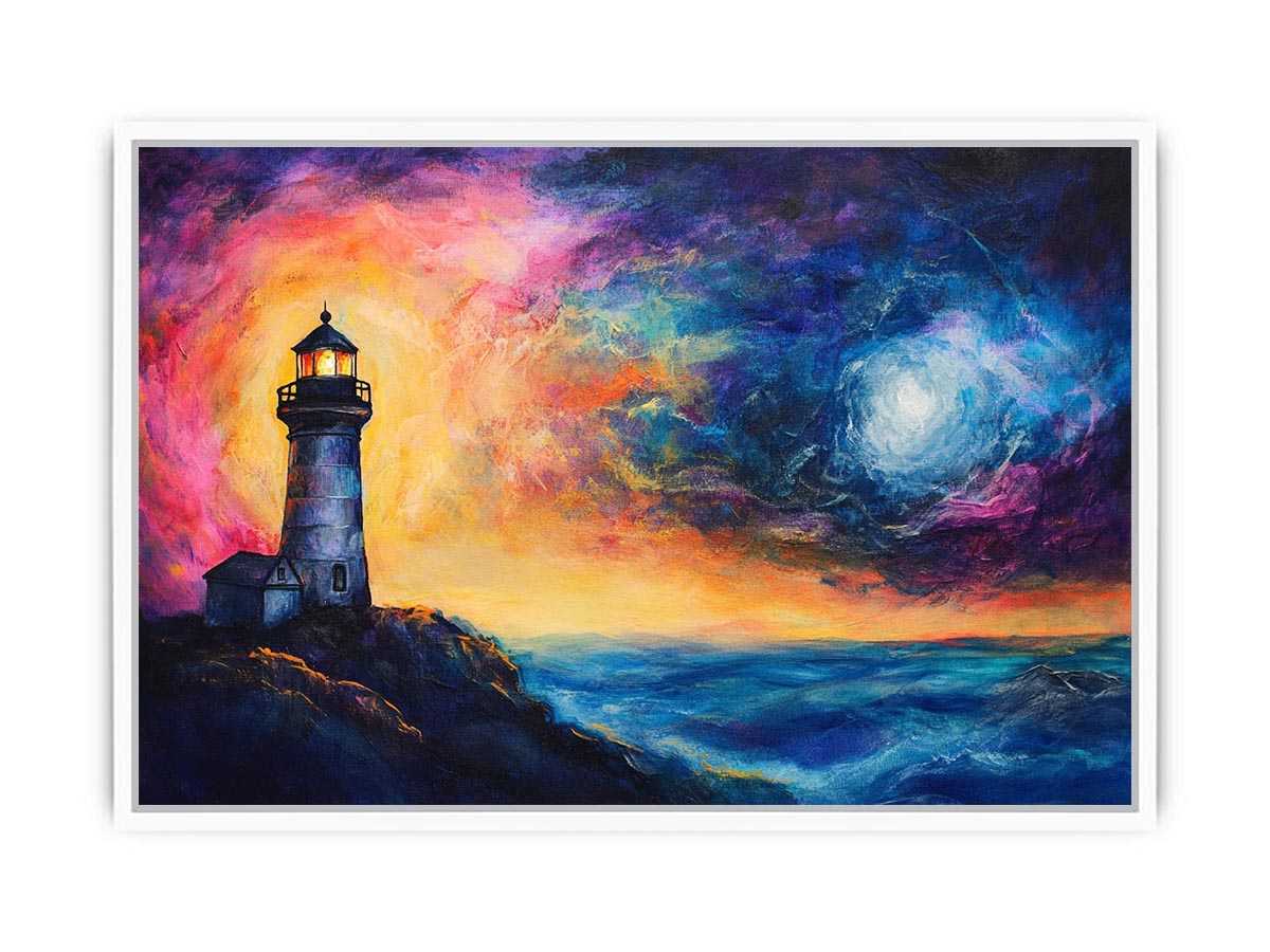 Coastal lighthouse Canvas Print with moonlit ocean and dramatic sunset sky