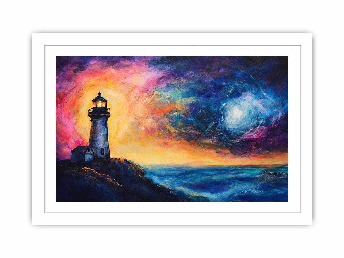 Coastal lighthouse Canvas Print with moonlit ocean and dramatic sunset sky