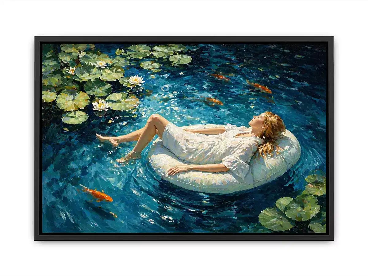 woman floating water painting, serene blue water Canvas Print, dreamlike pond Canvas Print, modern impressionist woman art