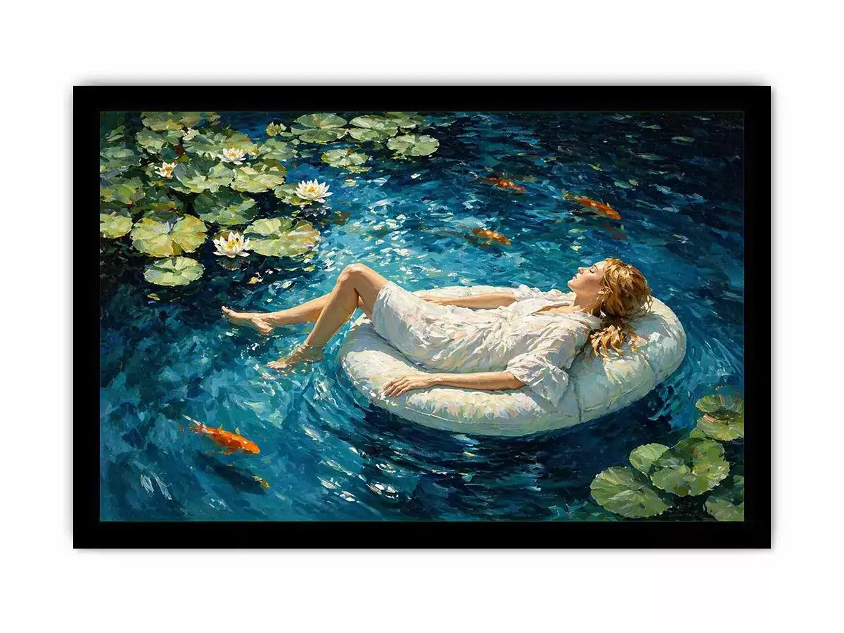 woman floating water painting, serene blue water Canvas Print, dreamlike pond Canvas Print, modern impressionist woman art