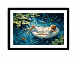 woman floating water painting, serene blue water Canvas Print, dreamlike pond Canvas Print, modern impressionist woman art