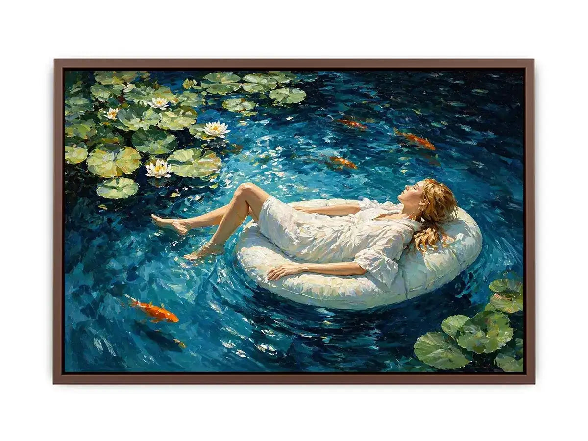 woman floating water painting, serene blue water Canvas Print, dreamlike pond Canvas Print, modern impressionist woman art