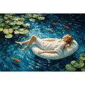 woman floating water painting, serene blue water wall art, dreamlike pond canvas artwork, modern impressionist woman art