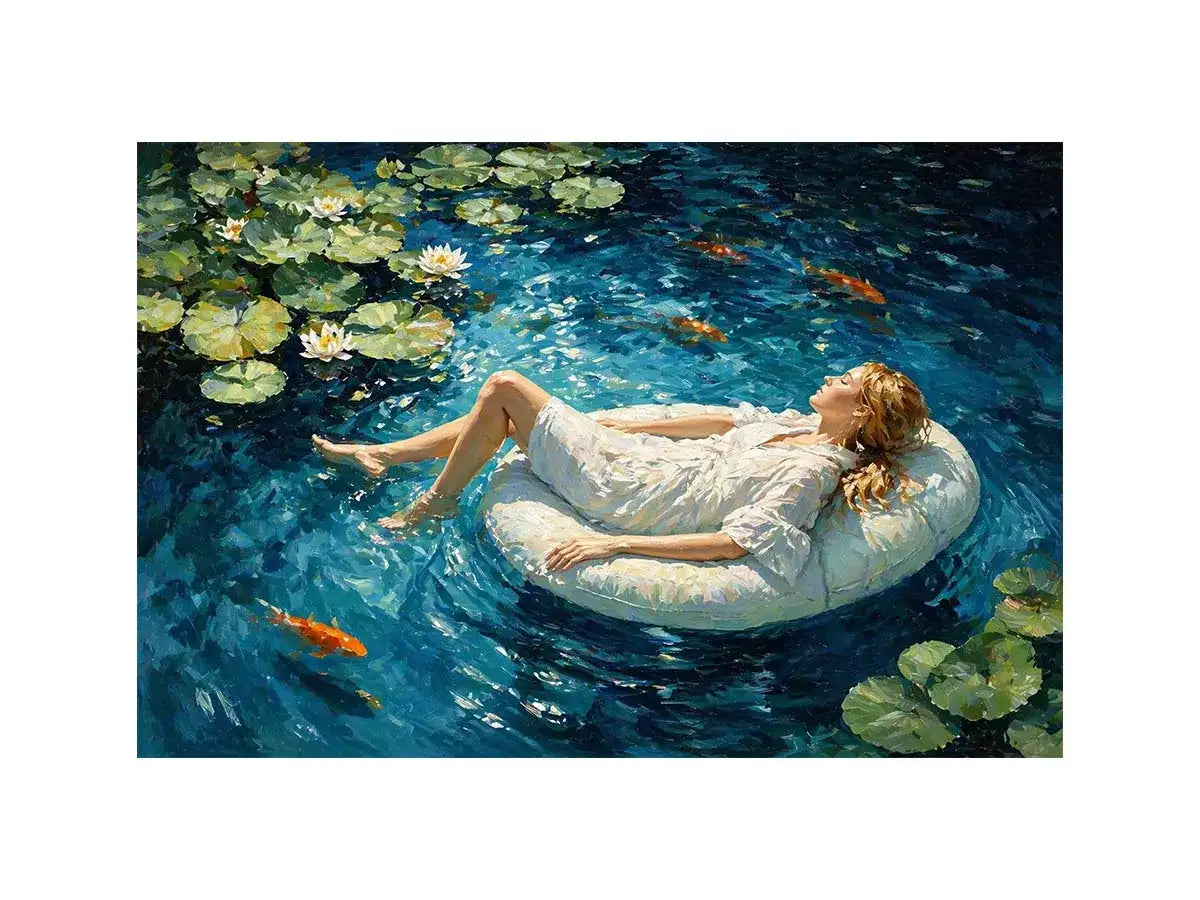 woman floating water painting, serene blue water Canvas Print, dreamlike pond Canvas Print, modern impressionist woman art