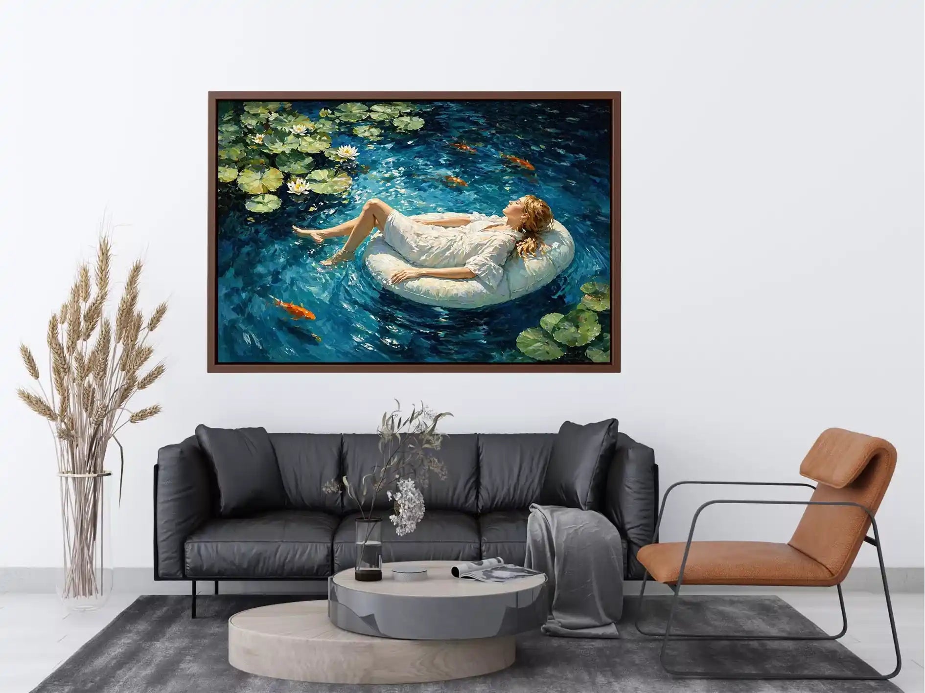woman floating water painting, serene blue water Canvas Print, dreamlike pond Canvas Print, modern impressionist woman art