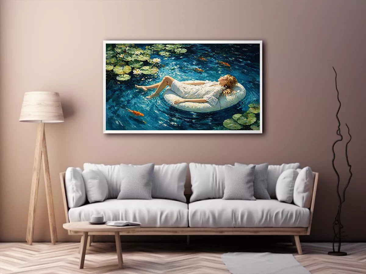 woman floating water painting, serene blue water Canvas Print, dreamlike pond Canvas Print, modern impressionist woman art
