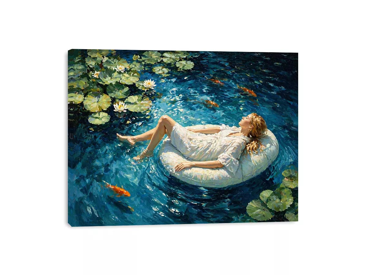 woman floating water painting, serene blue water Canvas Print, dreamlike pond Canvas Print, modern impressionist woman art
