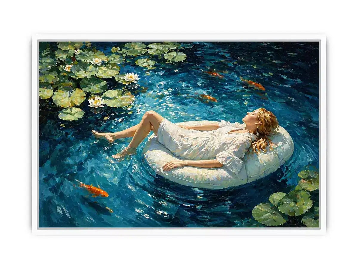 woman floating water painting, serene blue water Canvas Print, dreamlike pond Canvas Print, modern impressionist woman art