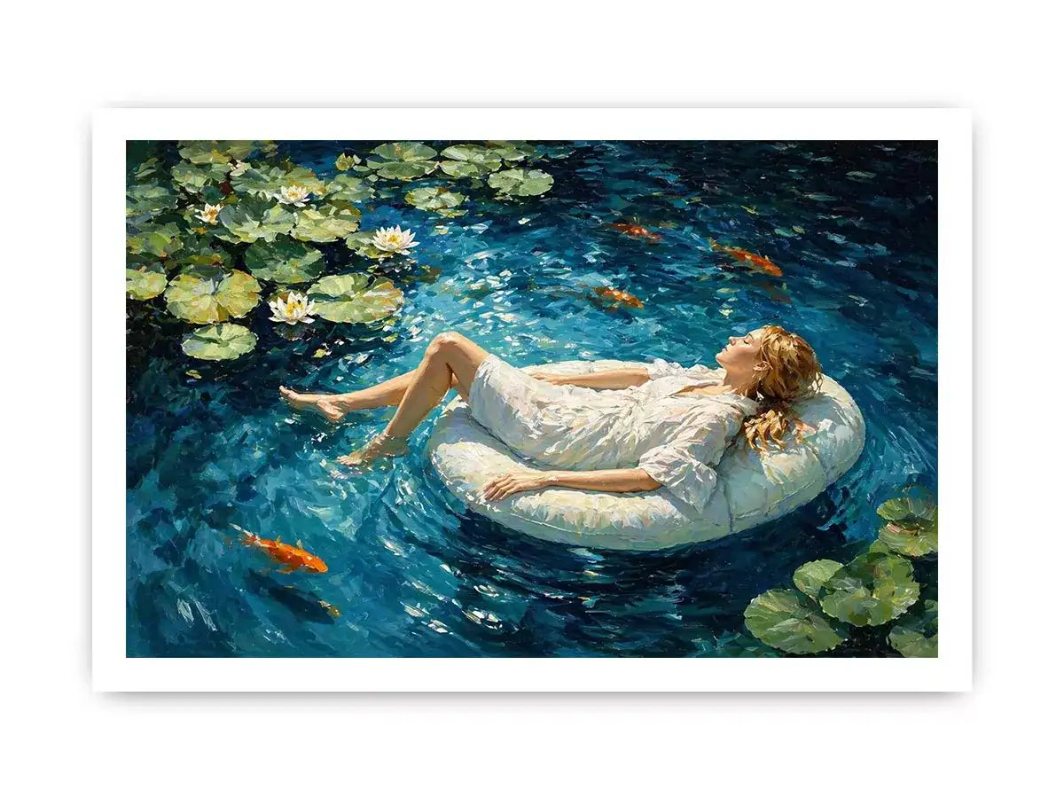woman floating water painting, serene blue water Canvas Print, dreamlike pond Canvas Print, modern impressionist woman art