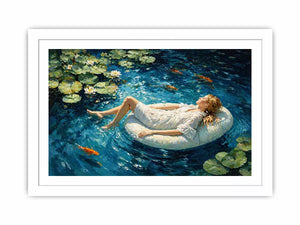 woman floating water painting, serene blue water Canvas Print, dreamlike pond Canvas Print, modern impressionist woman art