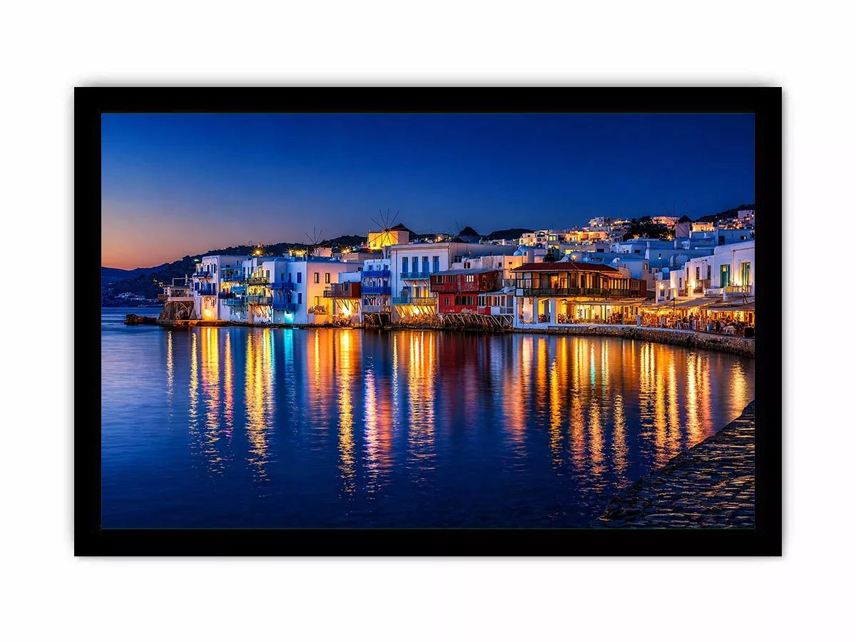 mediterranean coastal town night, harbor reflections Canvas Print, blue hour seaside canvas, santorini style night painting