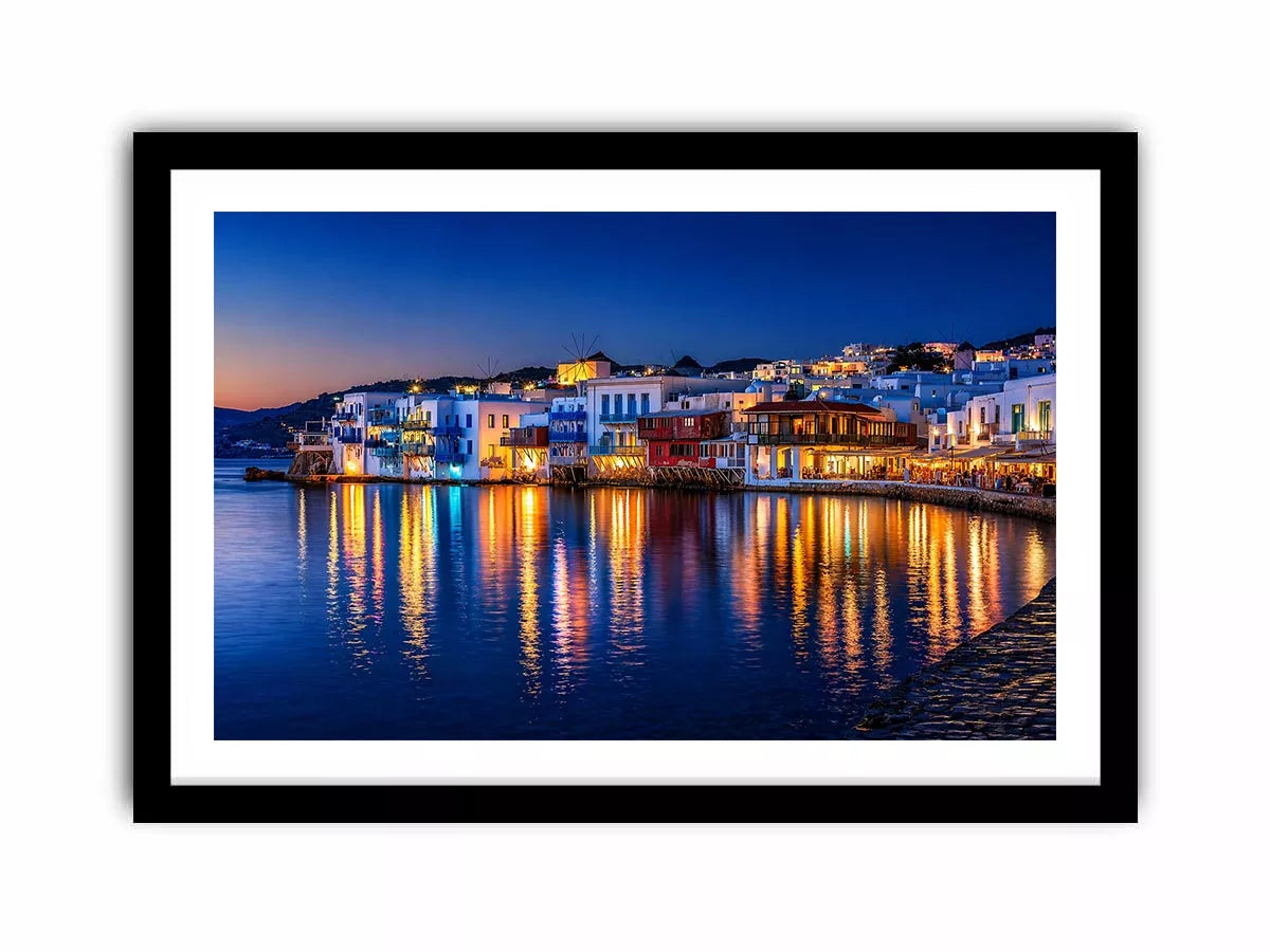 mediterranean coastal town night, harbor reflections Canvas Print, blue hour seaside canvas, santorini style night painting