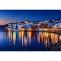 mediterranean coastal town night, harbor reflections Canvas Print, blue hour seaside canvas, santorini style night painting