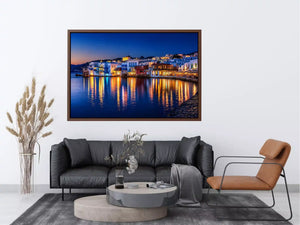 mediterranean coastal town night, harbor reflections Canvas Print, blue hour seaside canvas, santorini style night painting