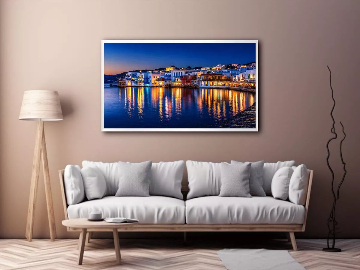 mediterranean coastal town night, harbor reflections Canvas Print, blue hour seaside canvas, santorini style night painting