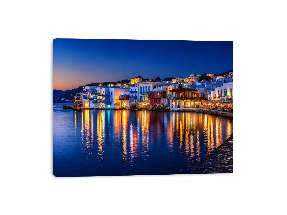 mediterranean coastal town night, harbor reflections Canvas Print, blue hour seaside canvas, santorini style night painting
