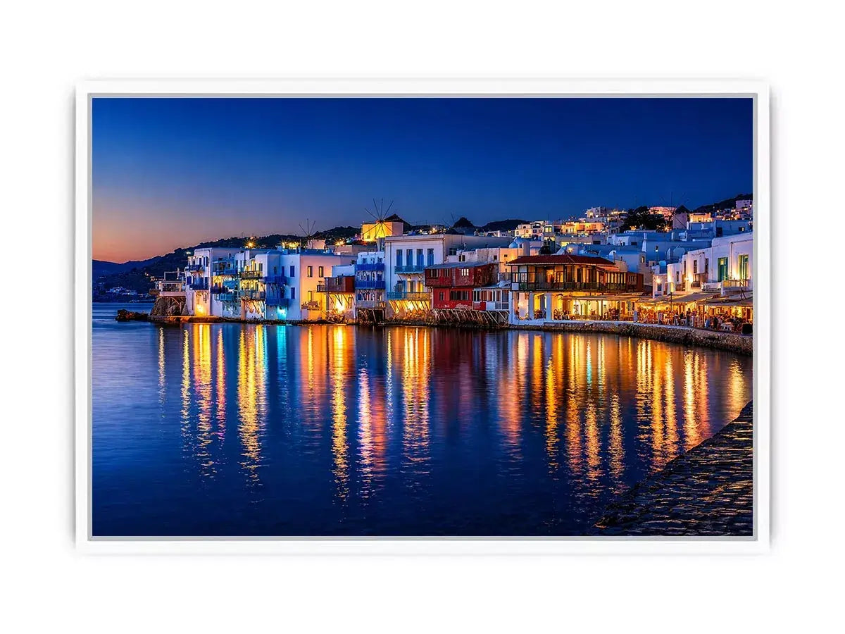 mediterranean coastal town night, harbor reflections Canvas Print, blue hour seaside canvas, santorini style night painting