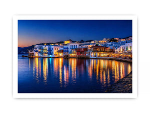 mediterranean coastal town night, harbor reflections Canvas Print, blue hour seaside canvas, santorini style night painting