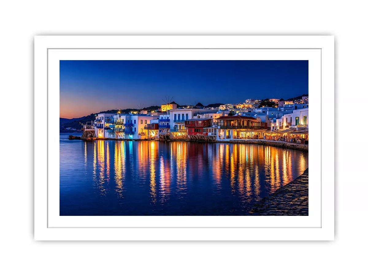 mediterranean coastal town night, harbor reflections Canvas Print, blue hour seaside canvas, santorini style night painting