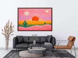 abstract desert sunset painting, pastel cactus Canvas Print, modern colorful desert canvas, textured sunset abstract art